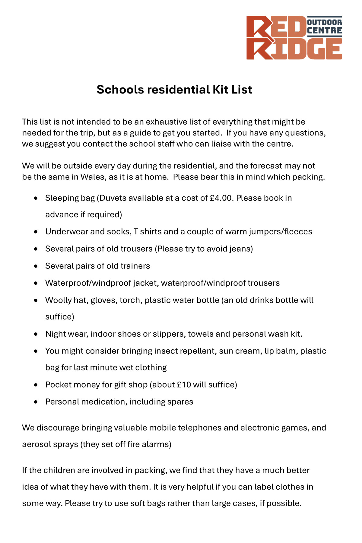 Red Ridge Activity Centre Schools Kit List